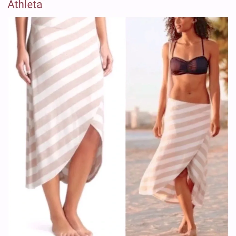 NWOT Athleta Ribbon Striped Midi Skirt Tulip Hem Faux Wrap Tan White Slip On XS